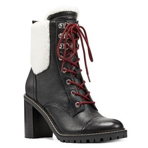 Nine West Black Leather Lace Up Sherpa Phaedra Boot